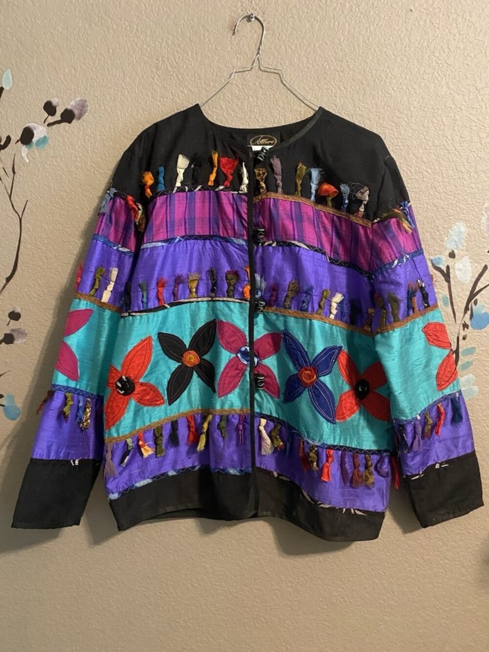 Vintage Allure Silk Patchwork Jacket Toggle M Boho Artsy Eclectic Colorful